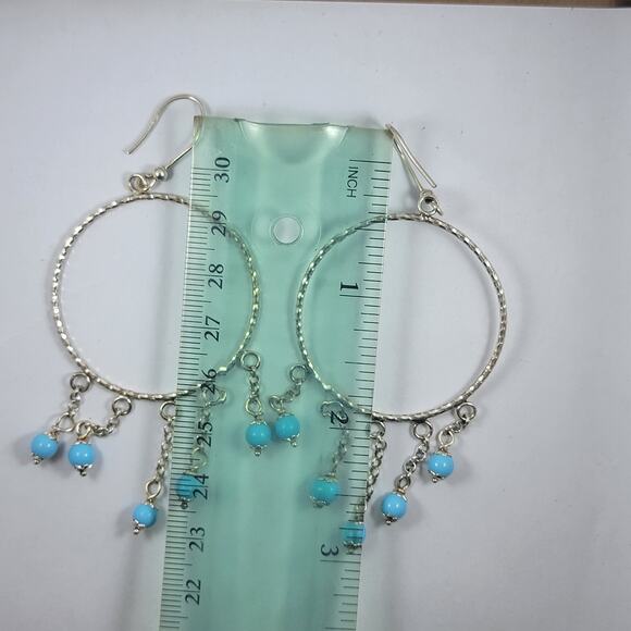 Sterling Silver Hoop Earrings Blue Beads 3 Inch Vintage Dangle Jewelry - Picture 10 of 10